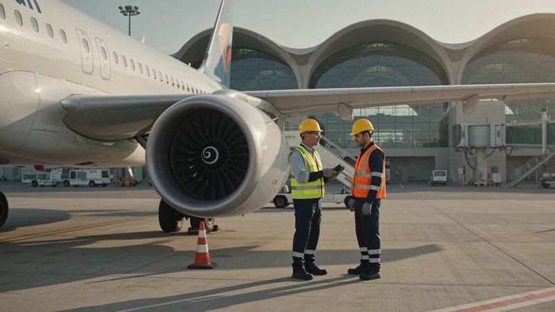 Two technicians beside an aircraft engine on an apron