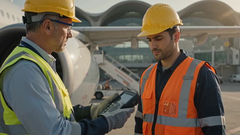 A supervisor and a technician reviewing a tablet beside an aircraft